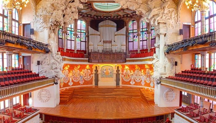 Palau de la Música Catalana concert hall interior, Barcelona, Spain.