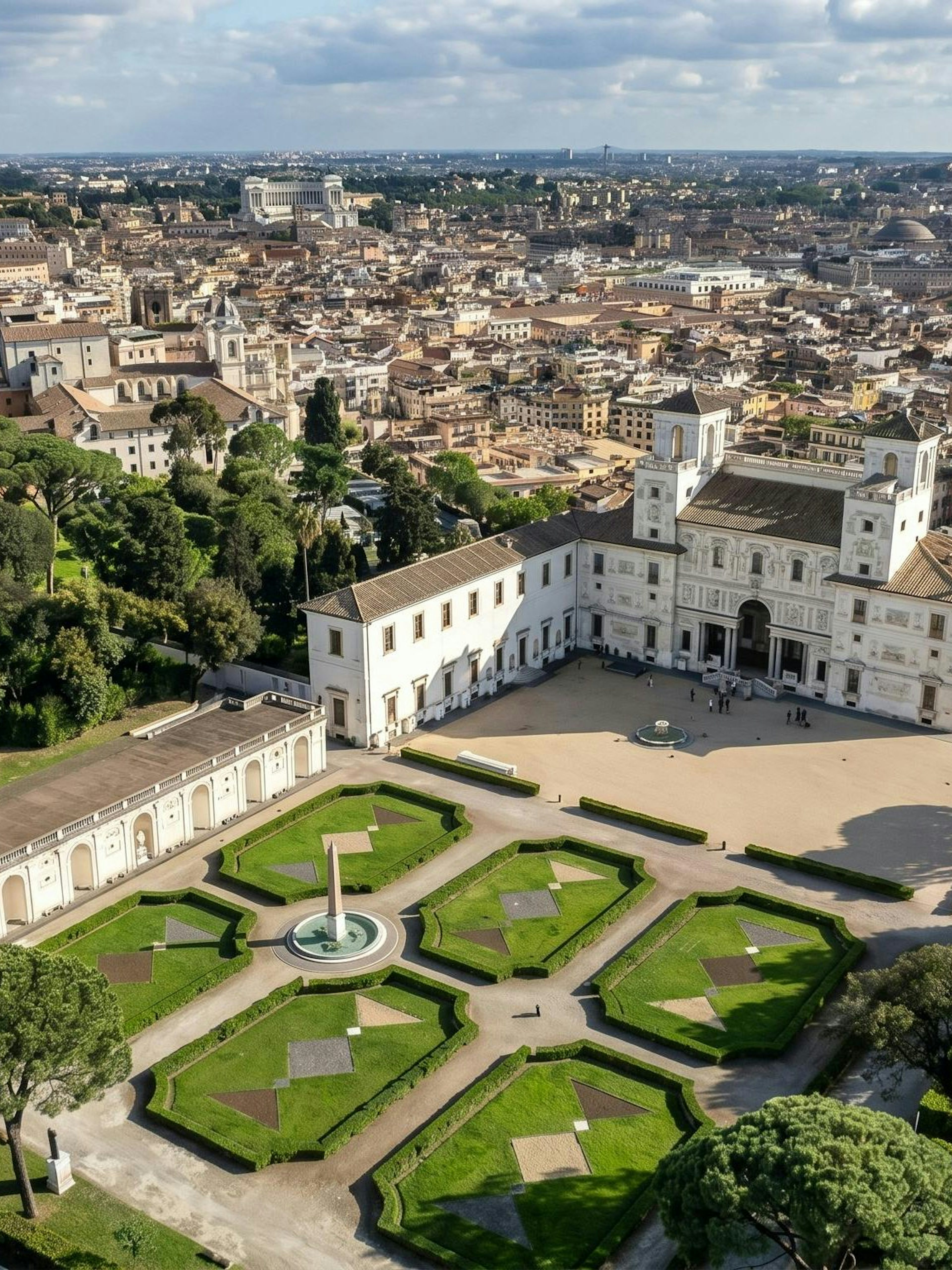 Villa Medici in Rome with formal gardens and cityscape in the background.