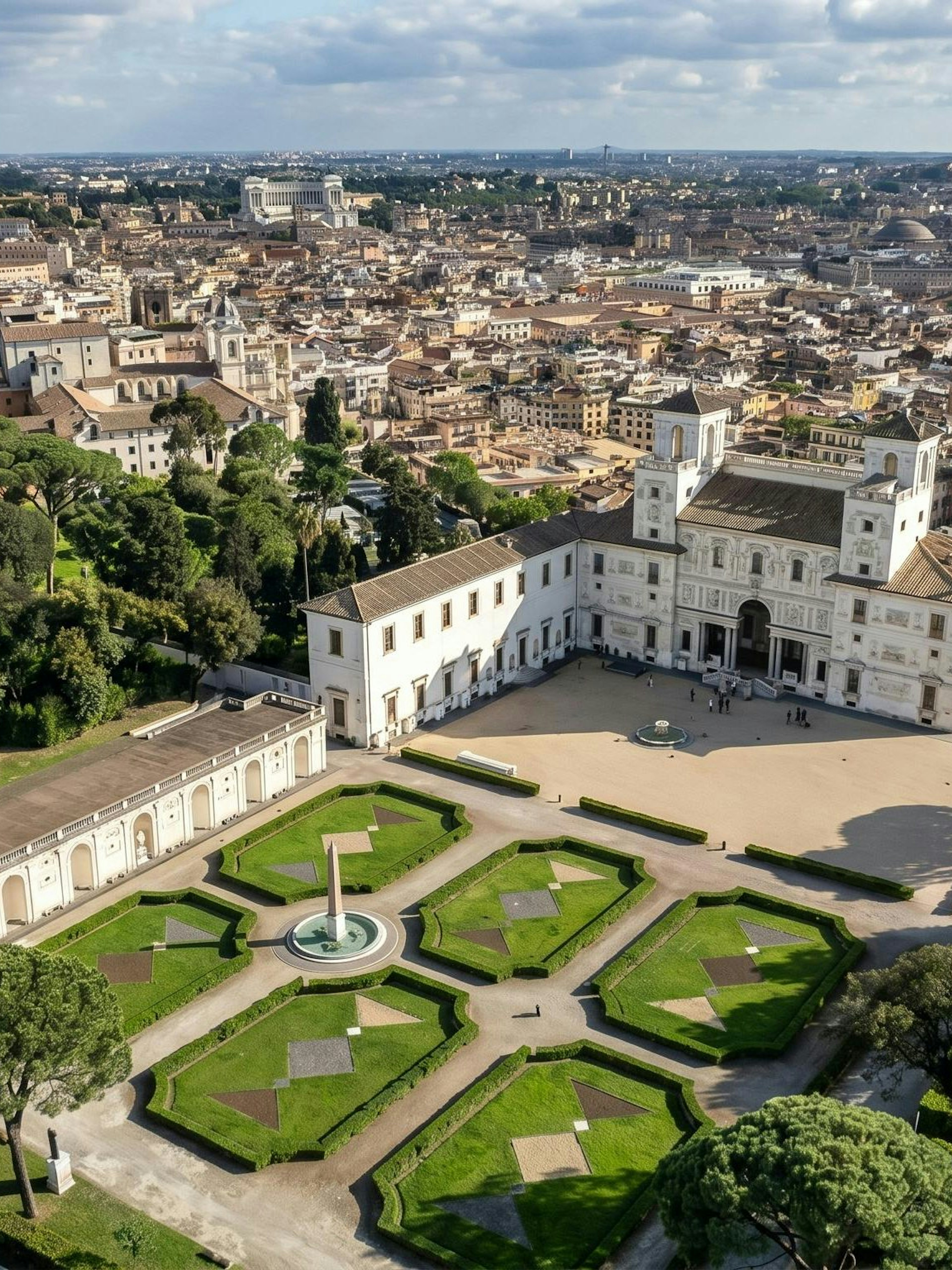 Villa Medici in Rome with formal gardens and cityscape in the background.