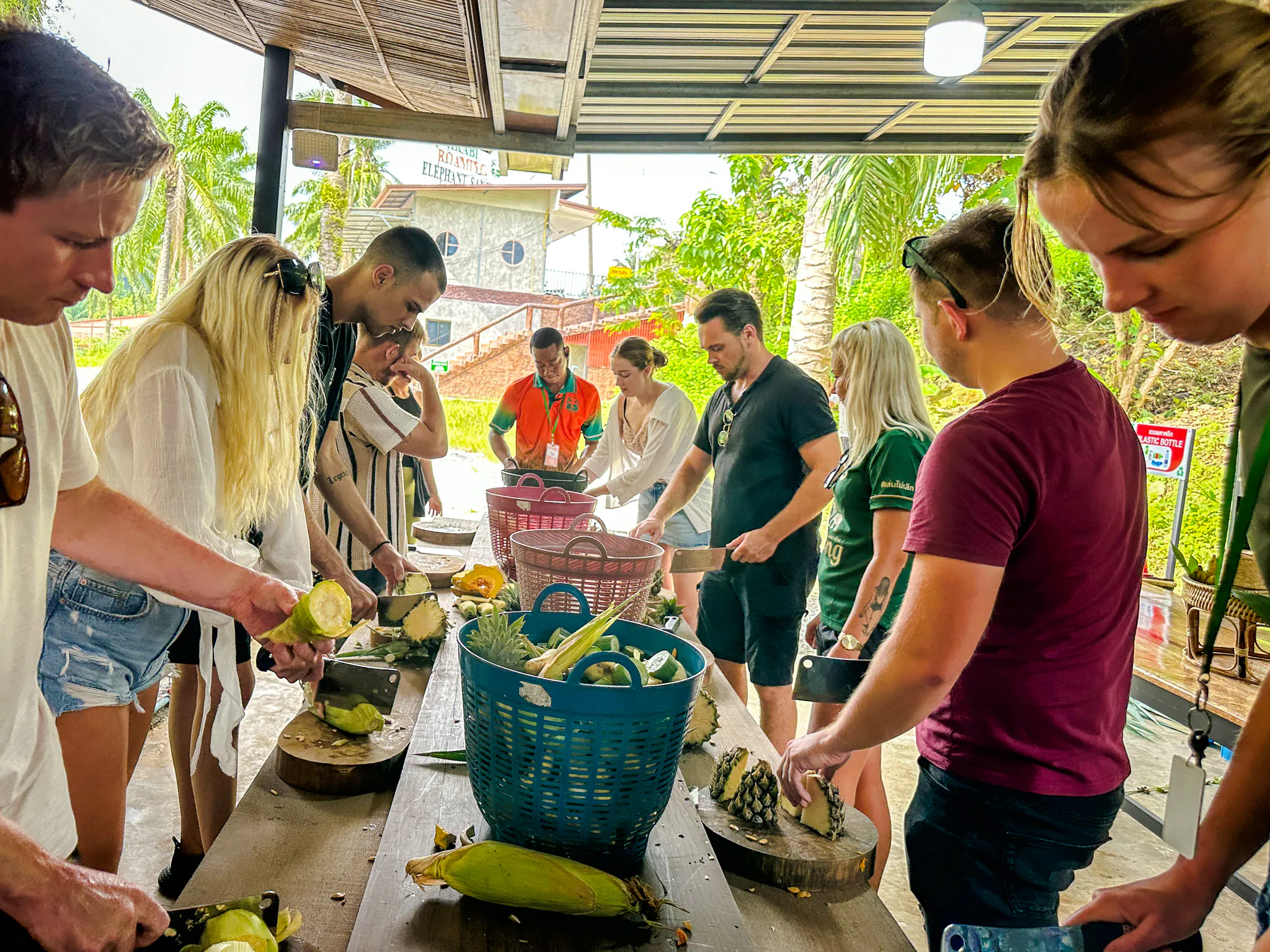 Visitors preparing food at Krabi Roaming Elephant Sanctuary, Krabi.