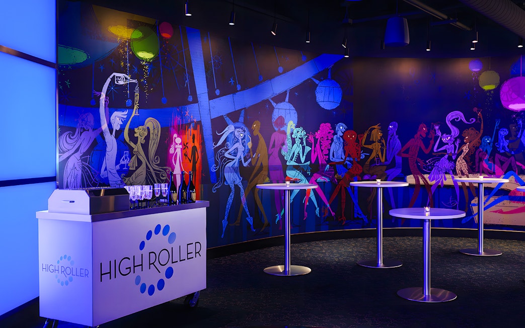 High Roller Wheel lounge interior with colorful mural, Las Vegas.