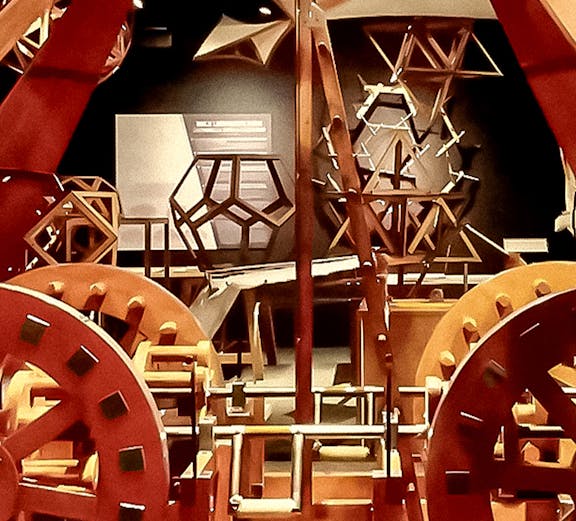 Leonardo Interactive Museum exhibit featuring mechanical models and geometric structures.