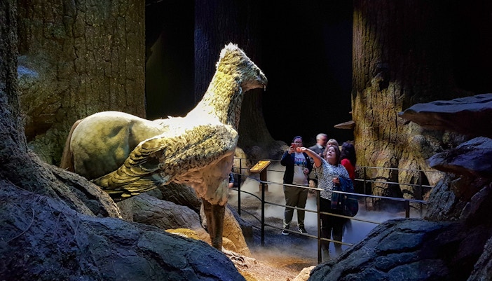 Visitors at Harry Potter Studios with Buckbeak model, London film location tour.