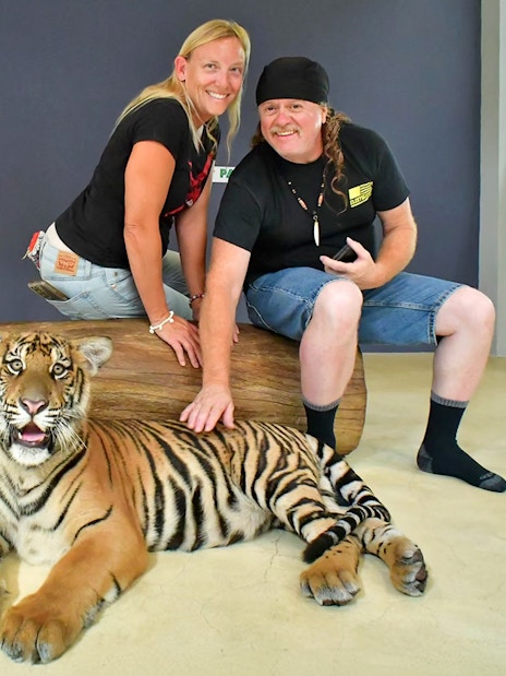 Visitors interacting with a tiger at Tiger Park Pattaya.