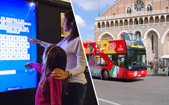 Interactive exhibit at History of Medicine Museum and red hop-on hop-off bus in Padua.