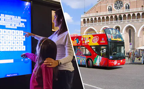 Interactive exhibit at History of Medicine Museum and red hop-on hop-off bus in Padua.