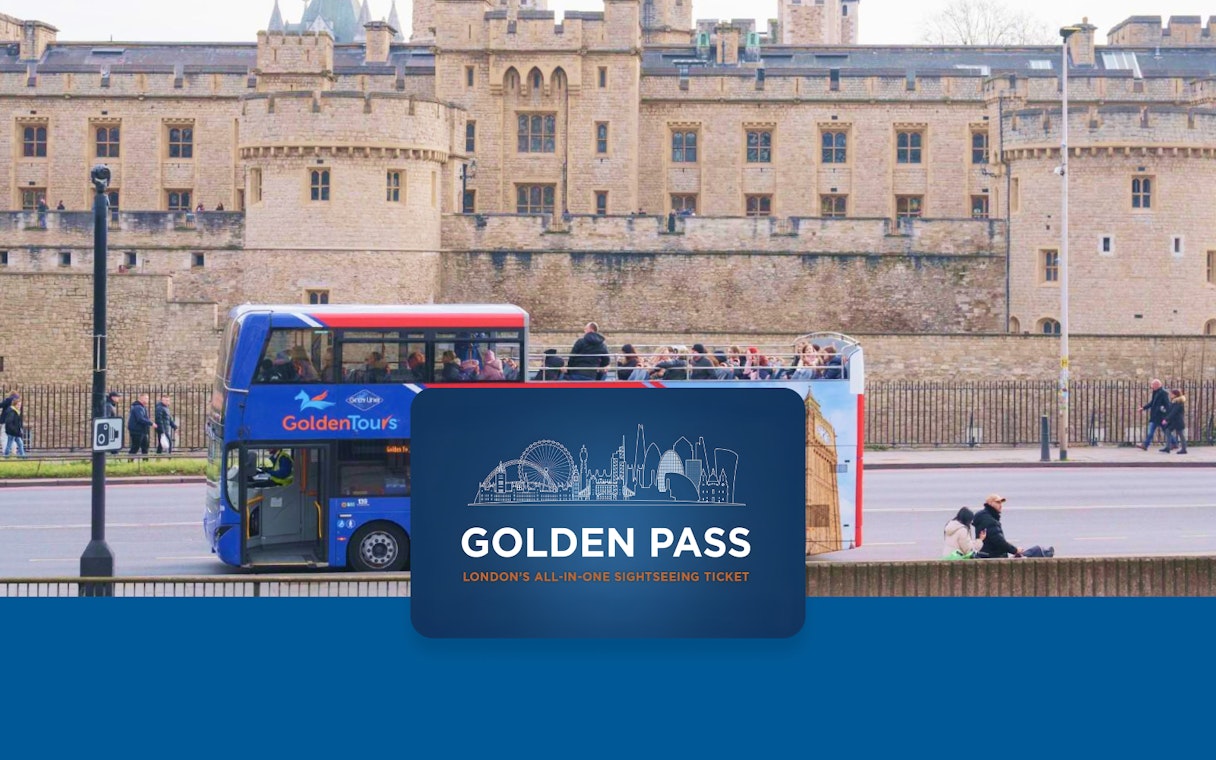 Golden Tours bus in front of the Tower of London on a sightseeing tour.