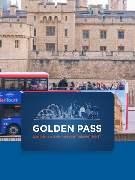 Golden Tours bus in front of the Tower of London on a sightseeing tour.