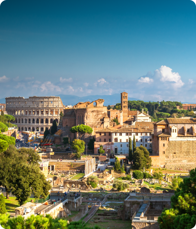 Colosseum in Rome with tourists exploring the ancient amphitheater.
