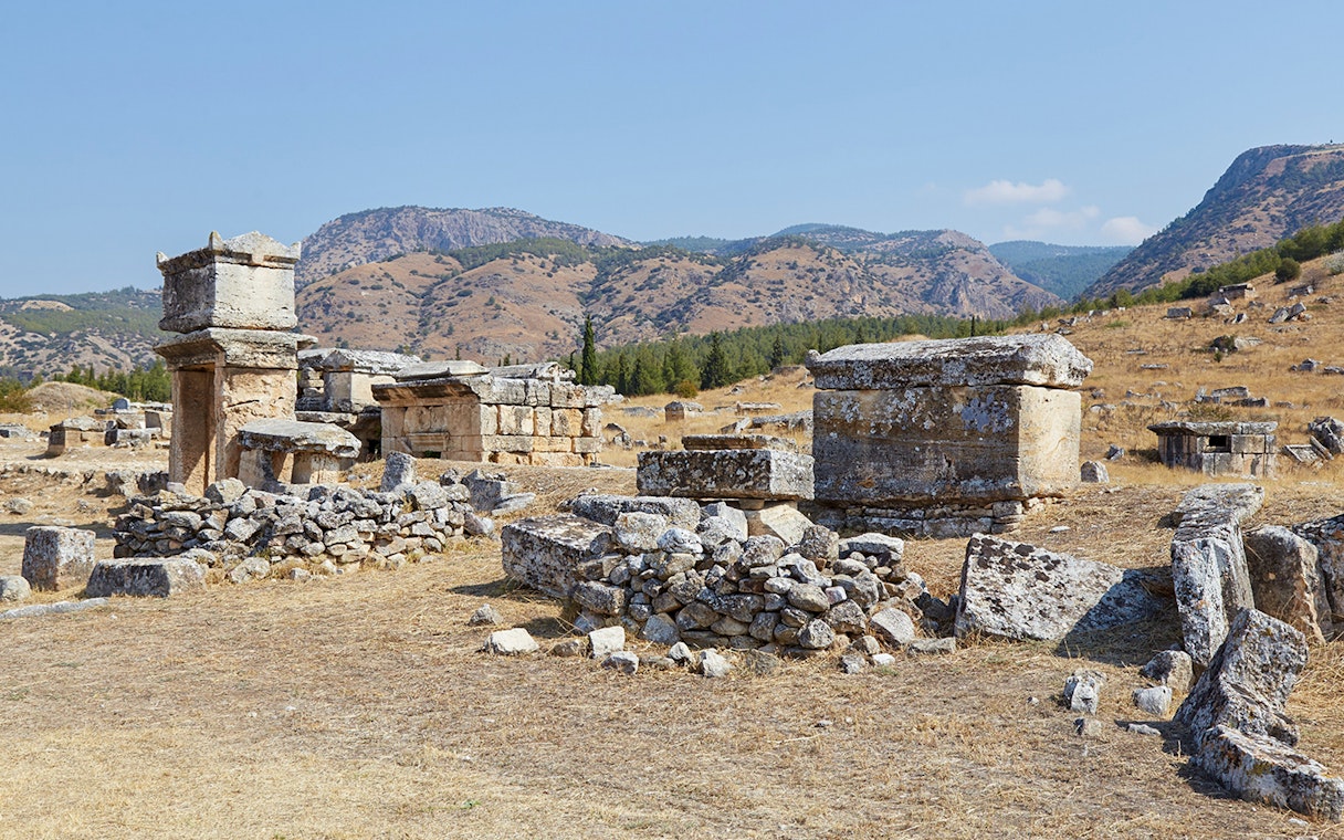Ancient tombs and ruins at the Necropolis of Hierapolis near Pamukkale, Turkey.