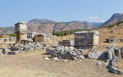 Ancient tombs and ruins at the Necropolis of Hierapolis near Pamukkale, Turkey.