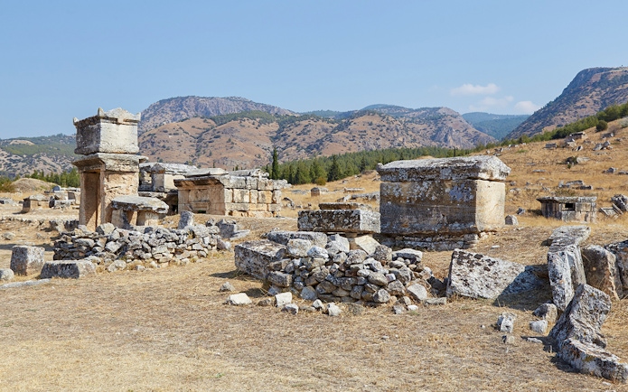 Ancient tombs and ruins at the Necropolis of Hierapolis near Pamukkale, Turkey.