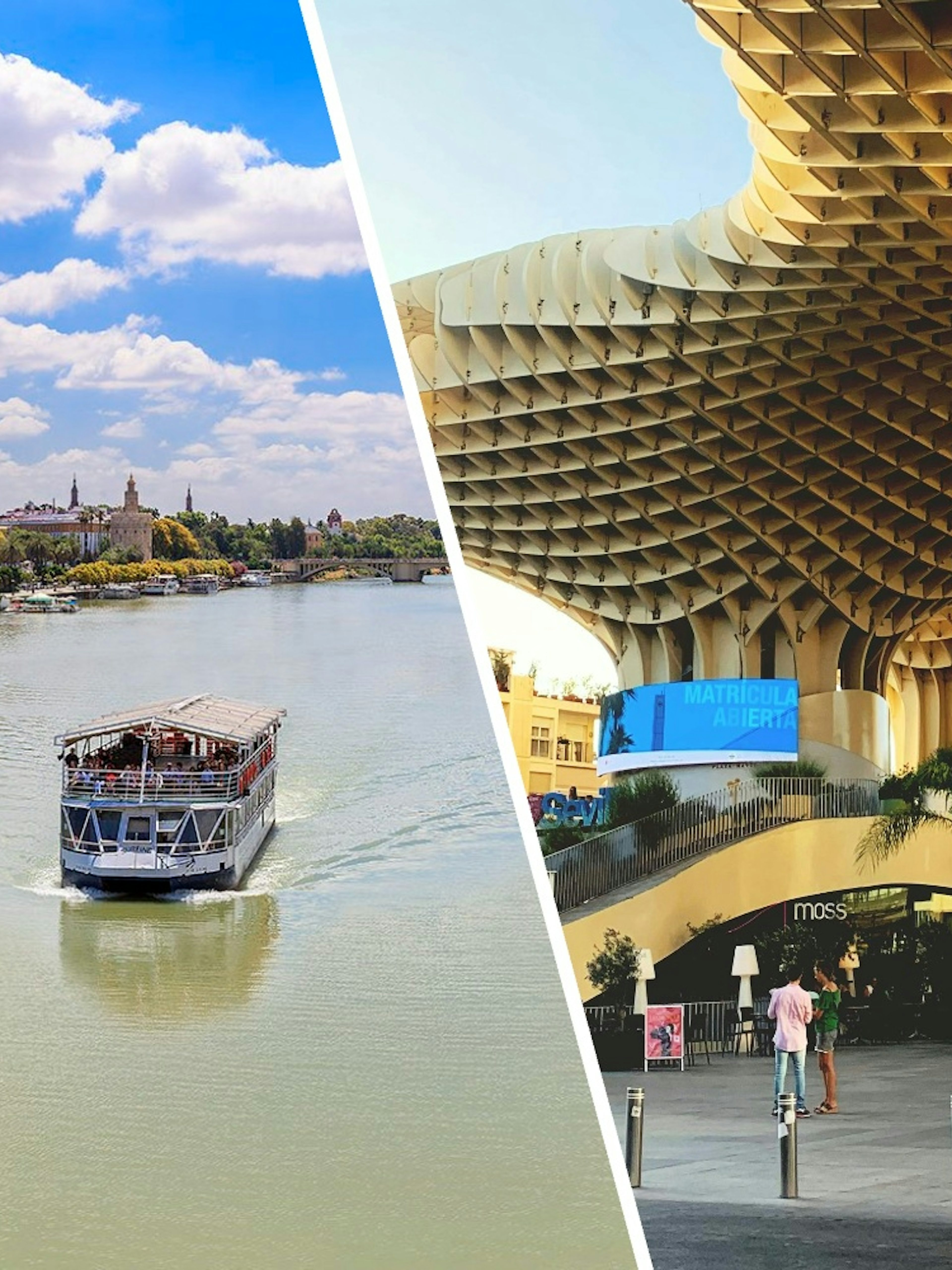 Seville Guadalquivir River cruise boat with Torre del Oro and Metropol Parasol in the background.