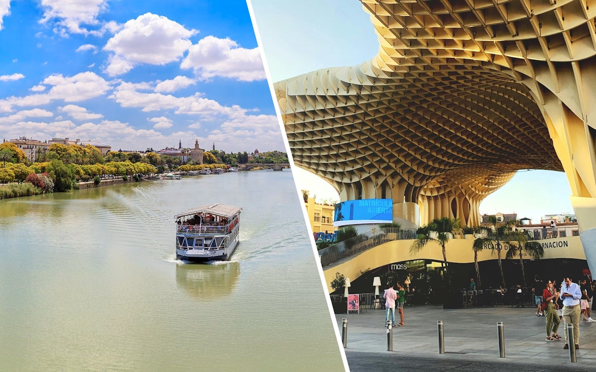 Seville Guadalquivir River cruise boat with Torre del Oro and Metropol Parasol in the background.