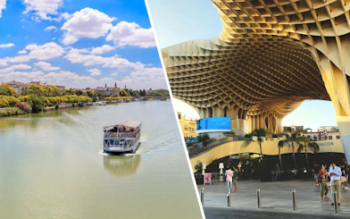 Seville Guadalquivir River cruise boat with Torre del Oro and Metropol Parasol in the background.