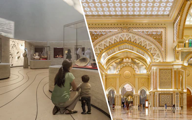 Mom and child viewing exhibits at Zayed National Museum, Abu Dhabi.