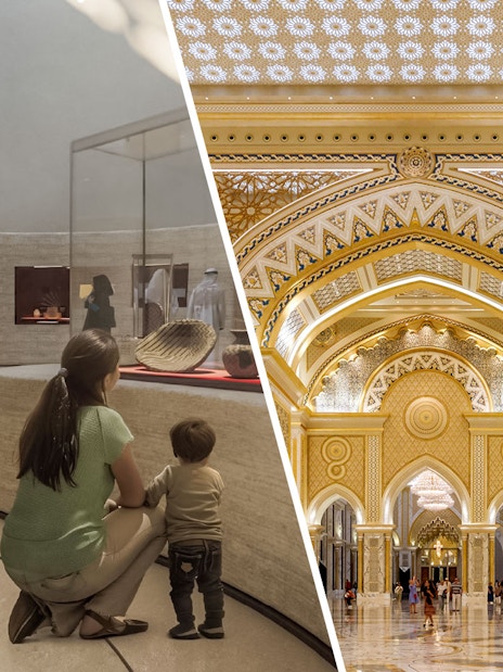 Mom and child viewing exhibits at Zayed National Museum, Abu Dhabi.