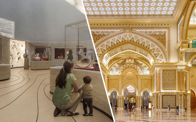 Mom and child viewing exhibits at Zayed National Museum, Abu Dhabi.