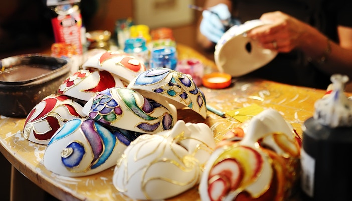 Handmade masks in a workshop of craftsmen, Venice