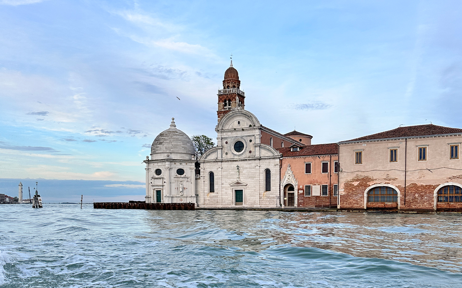 Venice ACTV Water Bus view of San Michele island church and buildings.
