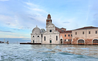 Venice ACTV Water Bus view of San Michele island church and buildings.