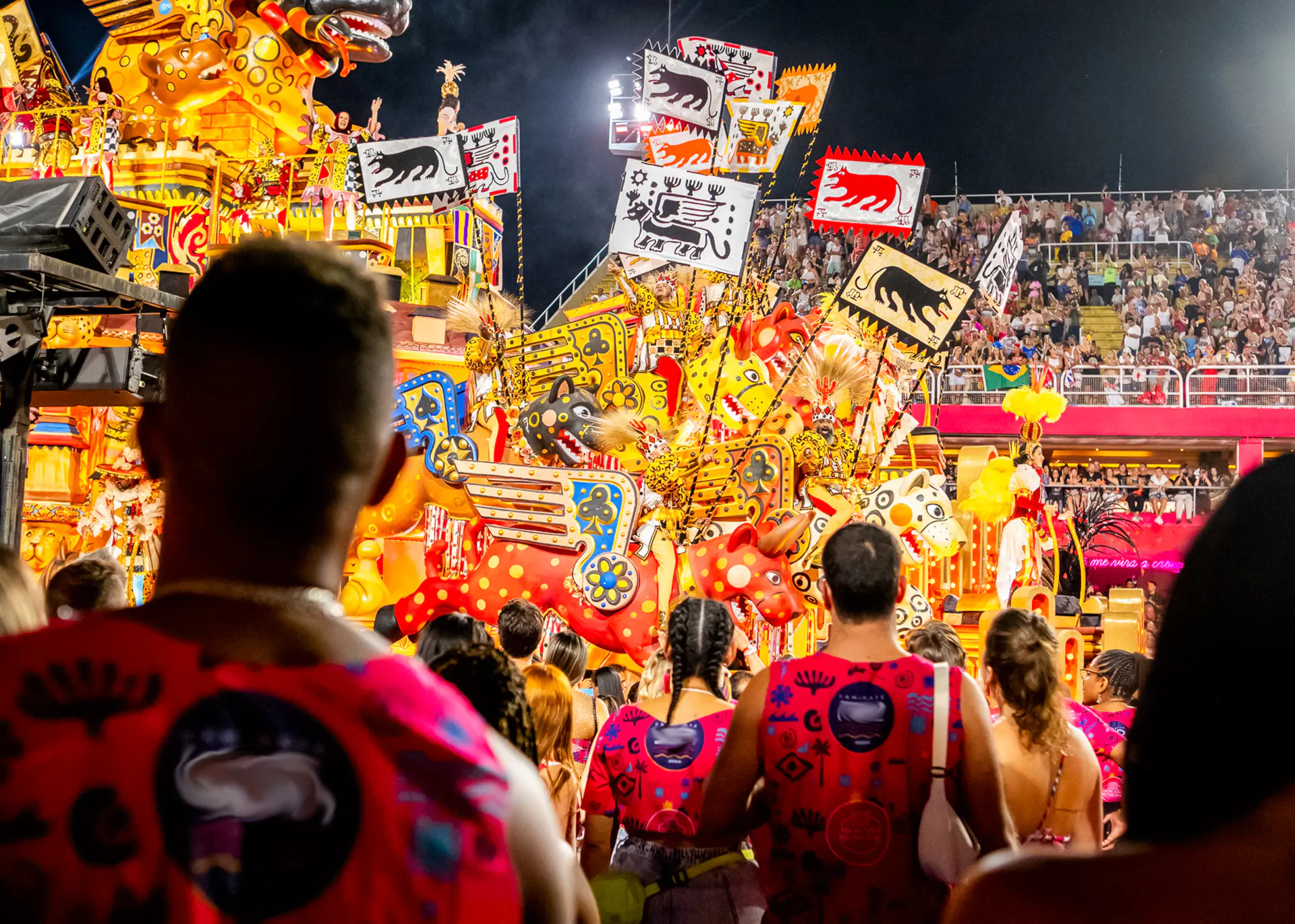 Spectators watching vibrant floats and performers at Rio Carnival 2027, Marquês de Sapucaí, Rio de Janeiro.