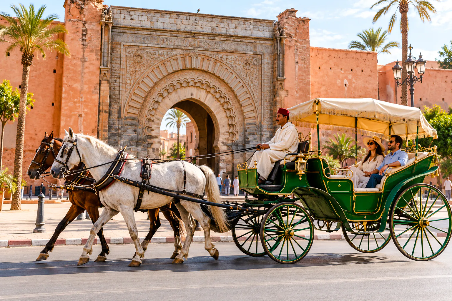 Horse-drawn carriage passing Bab Agnaou gate in Marrakech.