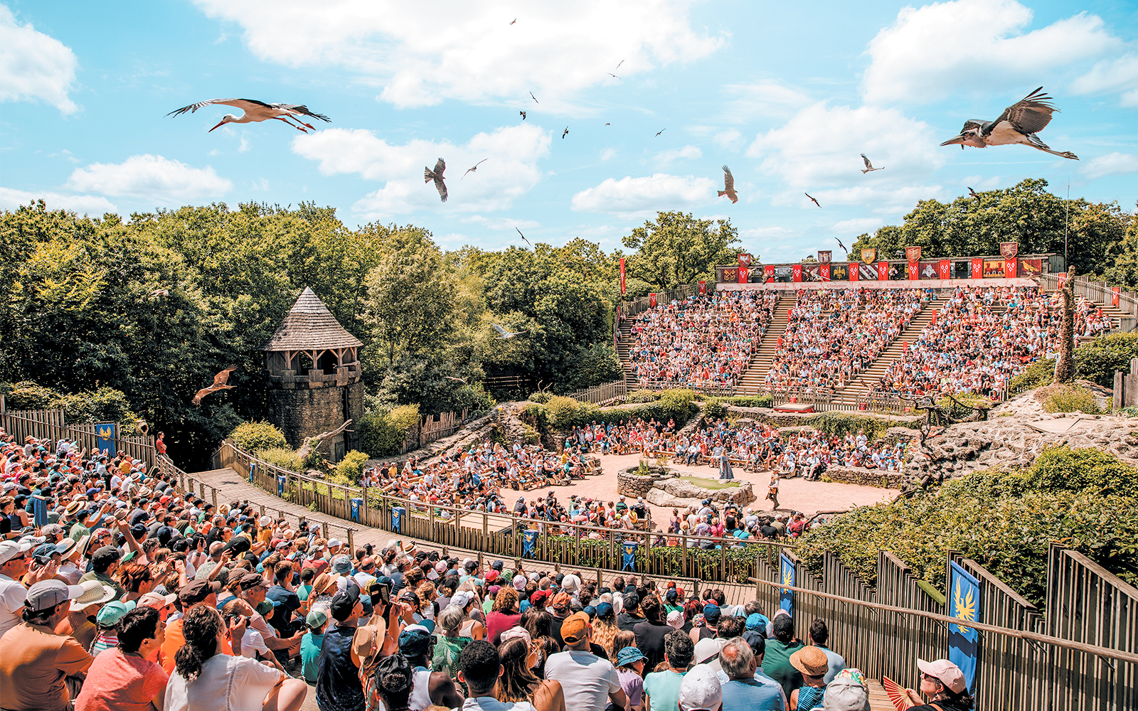 Birds of prey flying over an outdoor amphitheater at Puy du Fou, France, with a large audience watching.