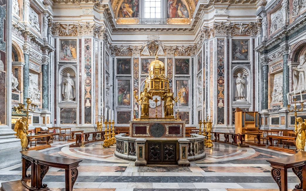 Interior of the Sistine Chapel in the Basilica of Santa Maria Maggiore, Rome, Italy, featuring ornate altar.