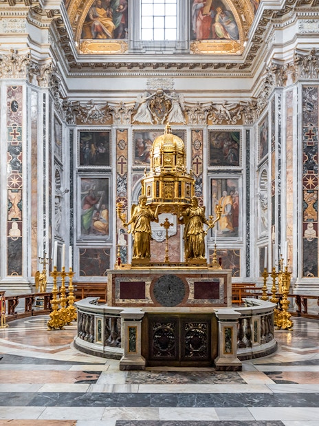 Interior of the Sistine Chapel in the Basilica of Santa Maria Maggiore, Rome, Italy, featuring ornate altar.
