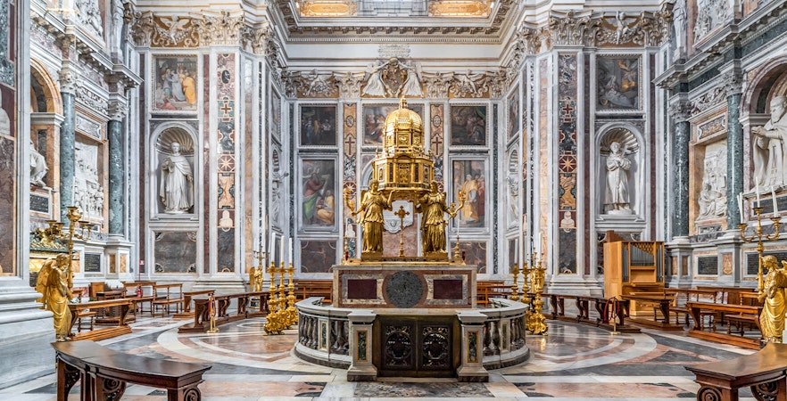 Interior of the Sistine Chapel in the Basilica of Santa Maria Maggiore, Rome, Italy, featuring ornate altar.