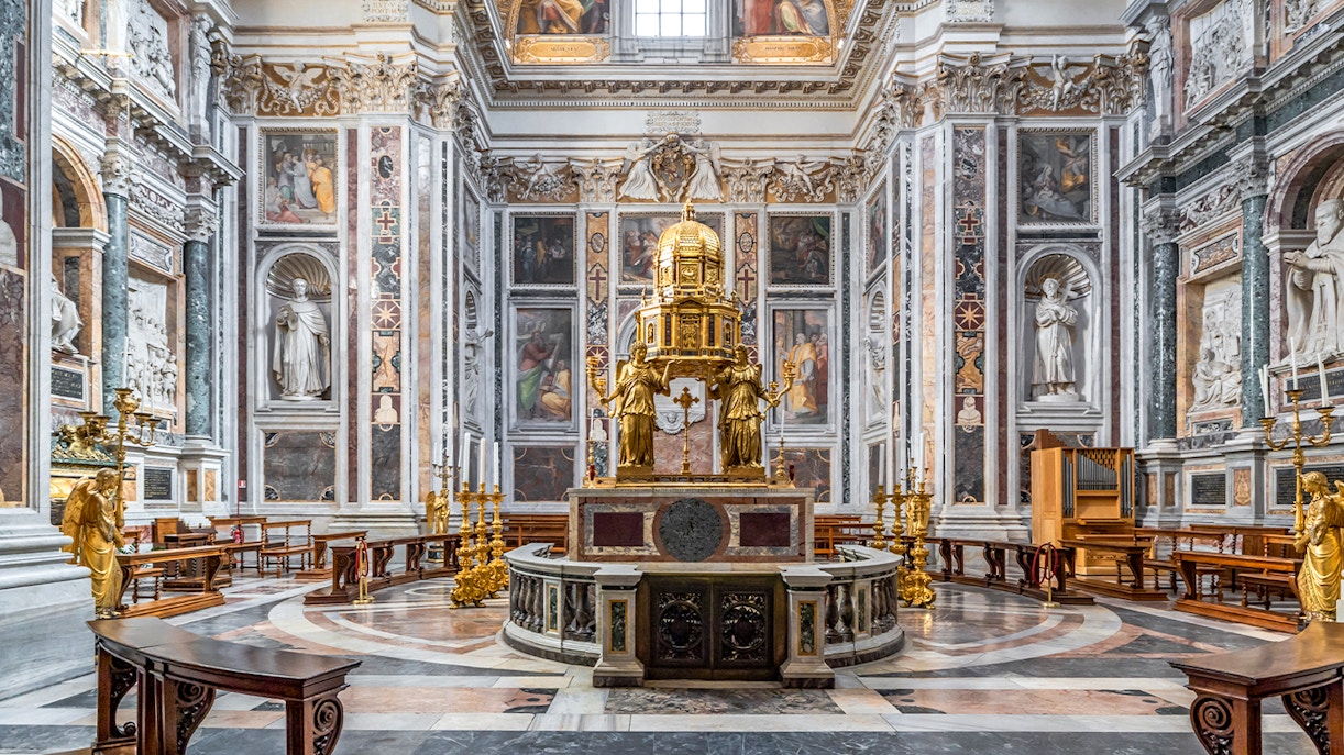Interior of the Sistine Chapel in the Basilica of Santa Maria Maggiore, Rome, Italy, featuring ornate altar.