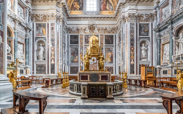 Interior of the Sistine Chapel in the Basilica of Santa Maria Maggiore, Rome, Italy, featuring ornate altar.
