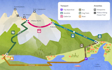 Map of Mount Pilatus Golden Round Trip from Lucerne, showing routes by boat, cog train, and cable car.