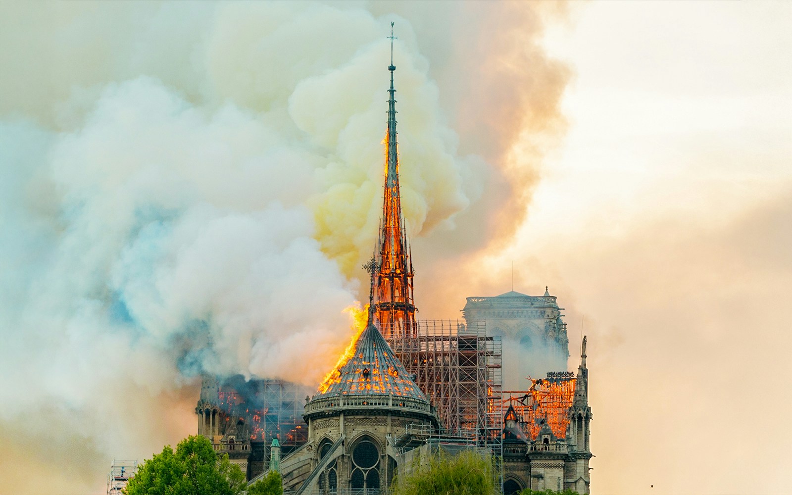 Notre Dame Cathedral engulfed in smoke during the fire in Paris, France.