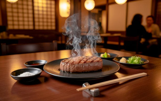 Wagyu beef steak steaming on a plate in a Japanese restaurant setting.