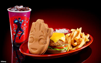 Burger meal with Groot-themed bun, fries, and drink at Disneyland Hong Kong.