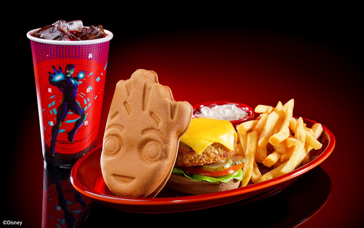 Burger with Groot-themed bun, fries, and drink at Disneyland Hong Kong.