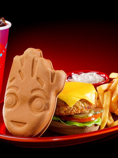 Burger meal with Groot-themed bun, fries, and drink at Disneyland Hong Kong.