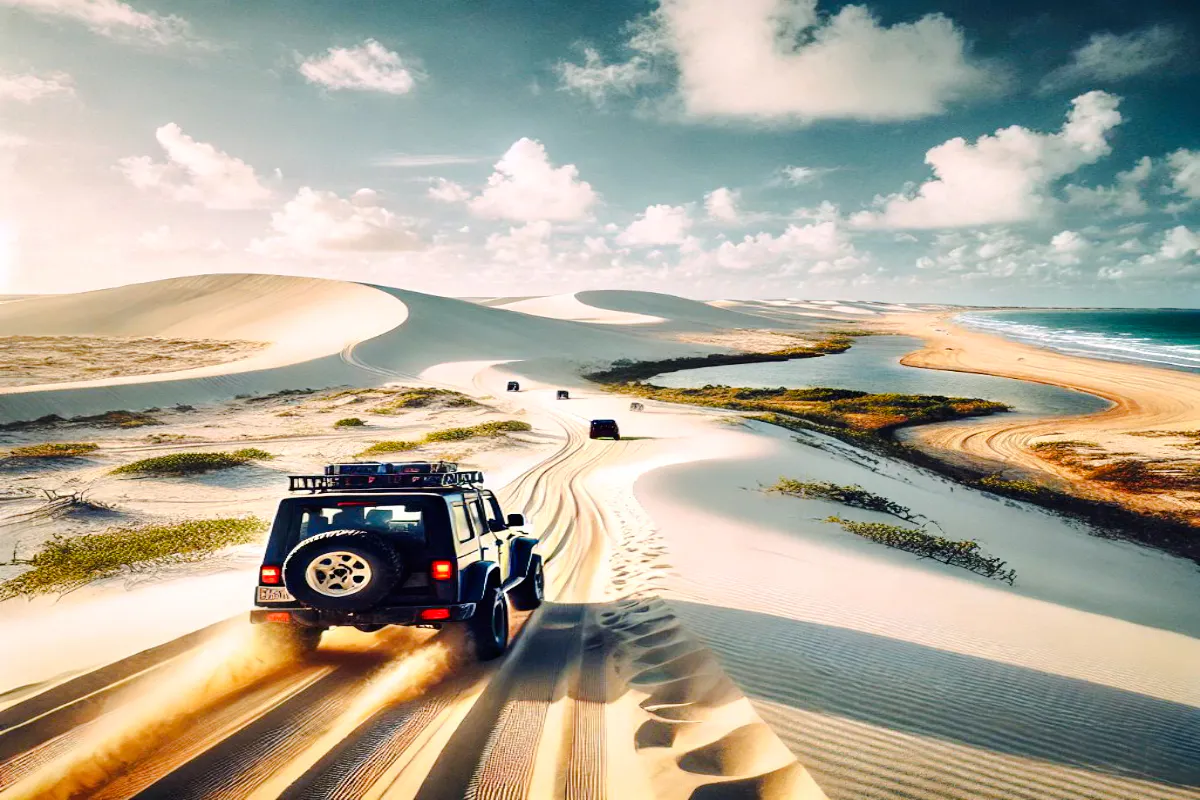Off-road vehicle driving through sand dunes in Jericoacoara, Brazil, with ocean view.