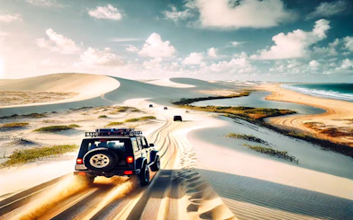 Off-road vehicle driving through sand dunes in Jericoacoara, Brazil, with ocean view.