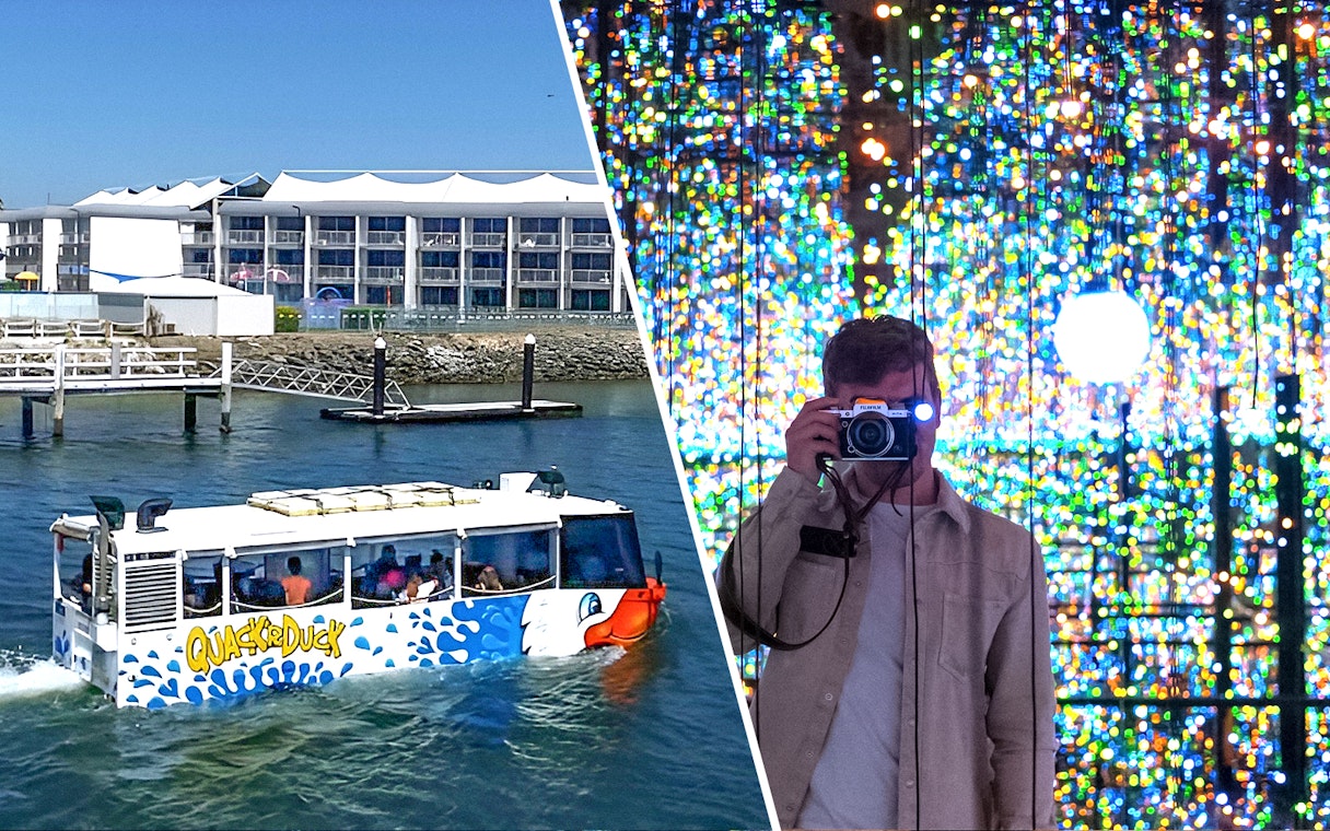 Quack'rDuck tour boat on Gold Coast waterway and person photographing colorful light display.