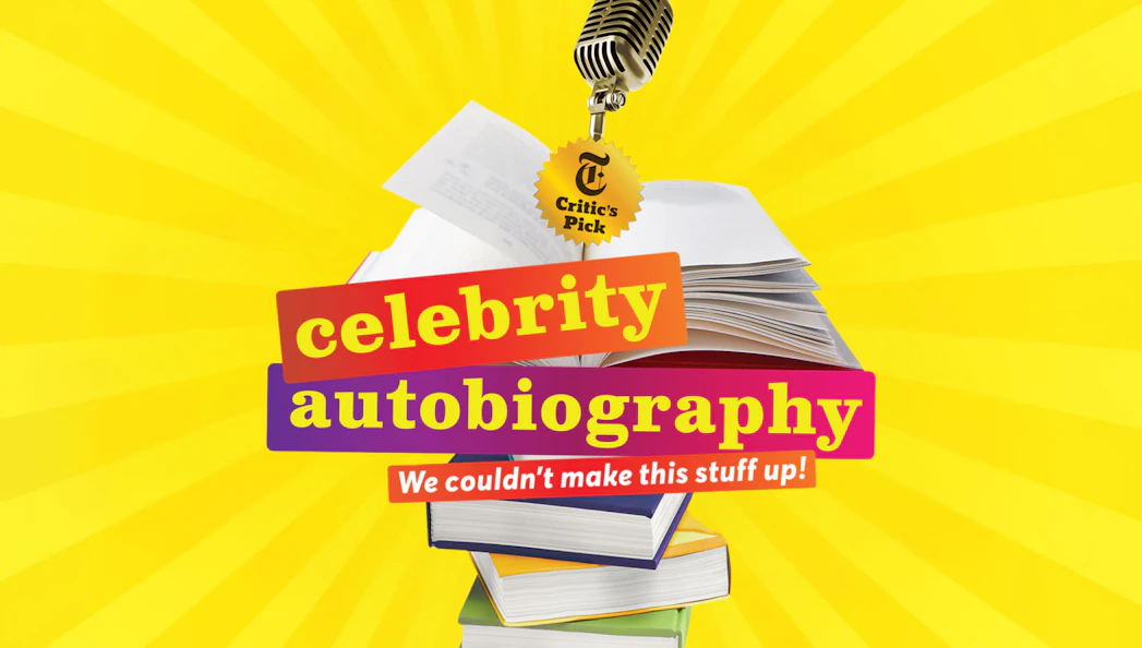 Celebrity Autobiography Broadway show logo with books and microphone.