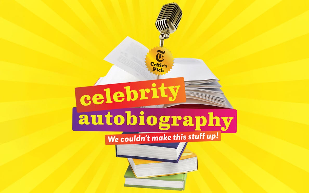 Celebrity Autobiography Broadway show logo with books and microphone.