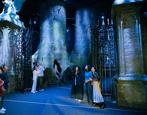 Visitors exploring the Forbidden Forest exhibit at Harry Potter attraction in Tokyo.