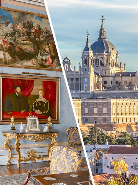 Liria Palace interior with paintings and view of Royal Collections Gallery, Madrid.