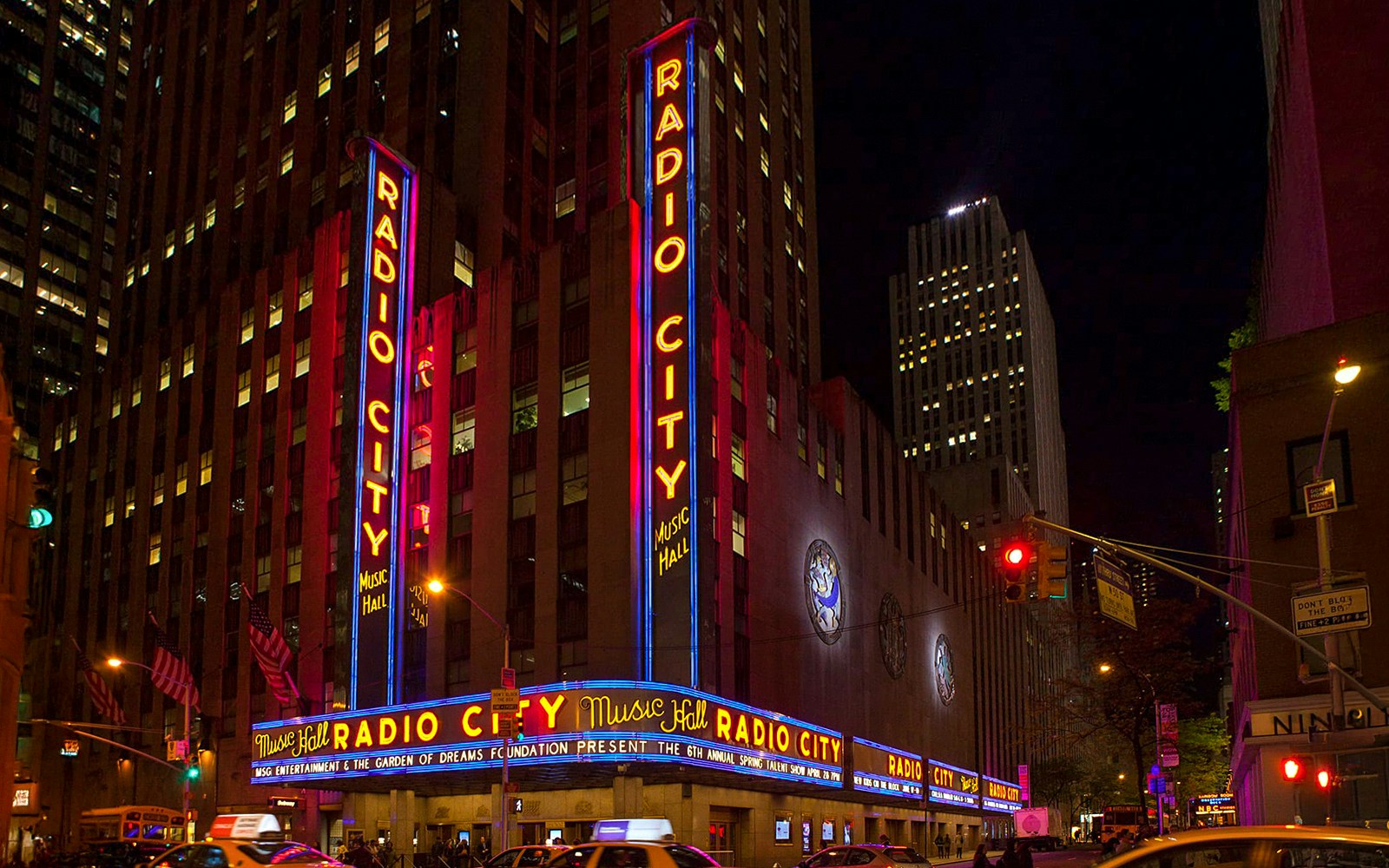 Radio City Music Hall illuminated at night, New York City.