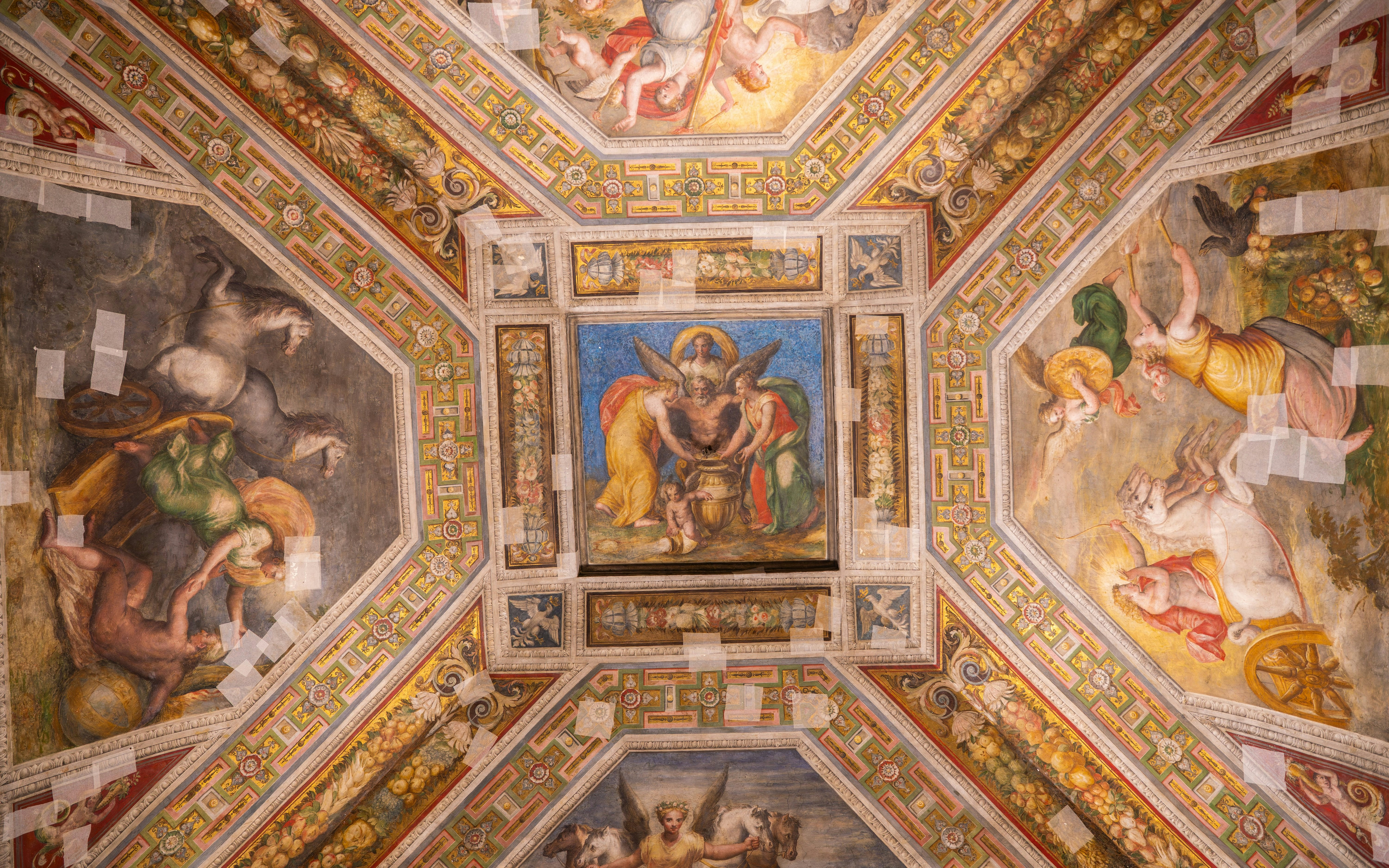 Ceiling frescoes in the Ducal Chapel, Castello Sforzesco, Milan, depicting mythological scenes.