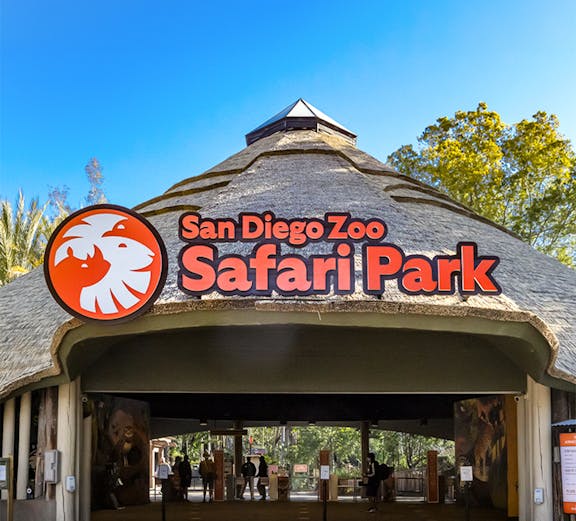 San Diego Zoo Safari Park entrance with thatched roof and signage.