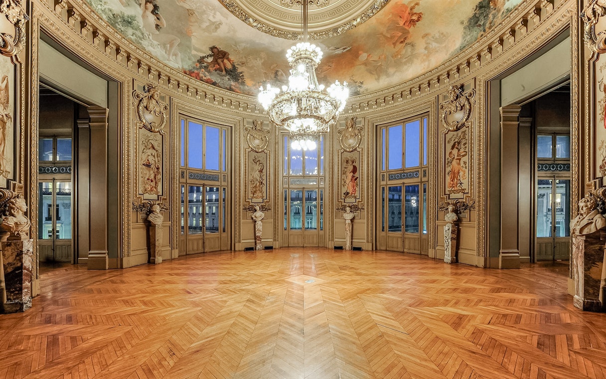 Glacier Rotunda at Opera Garnier with ornate ceiling and chandelier, Paris.